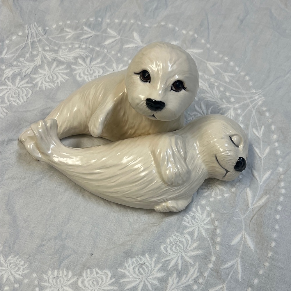 Vintage Glazed Ceramic Sea Otter Figurine Set-Beachcore-Ocean-Animal